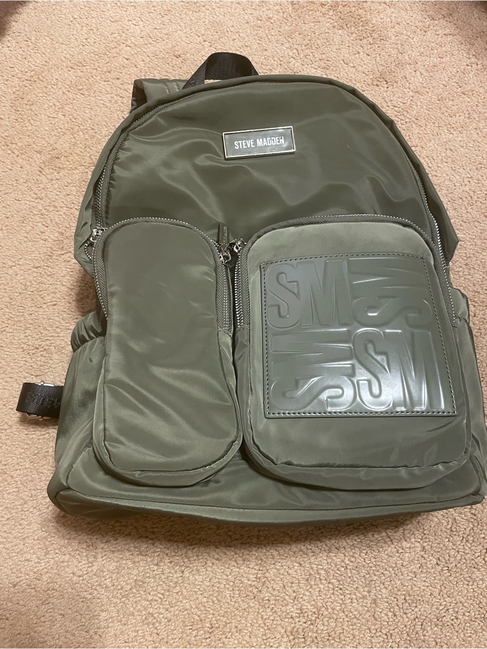 Steve Madden Olive Nylon Men's Backpack with Front Logo Pocket